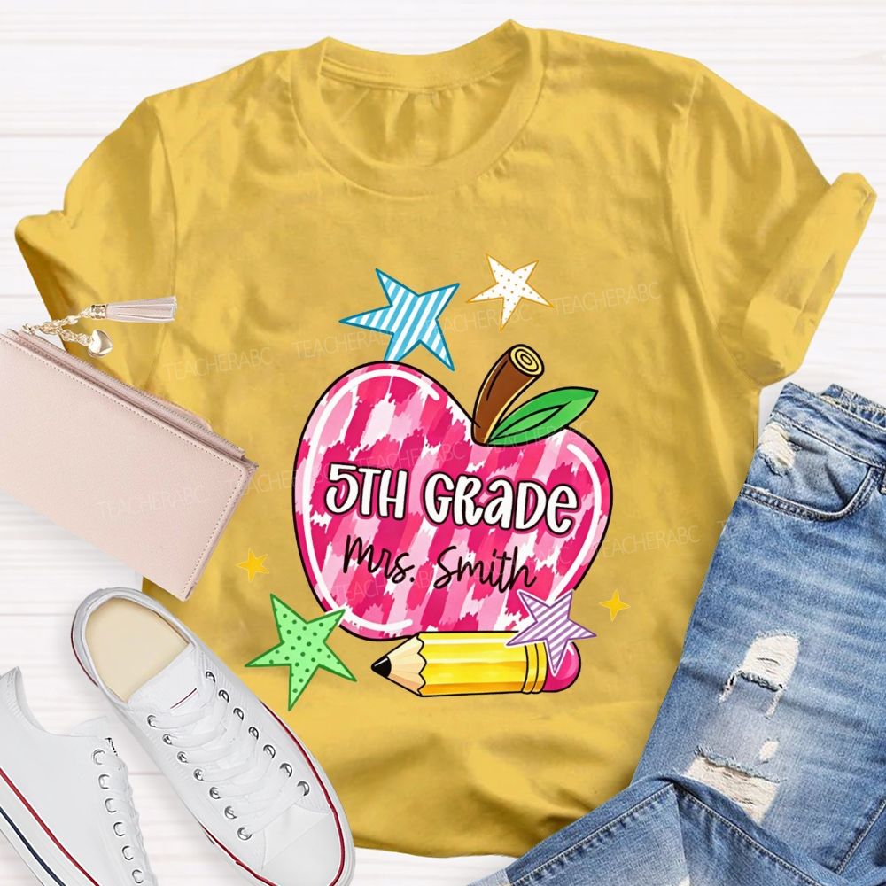 Personalized Name And Grade Watercolor Apple 5th Grade Star Pencil Teacher T-shirt