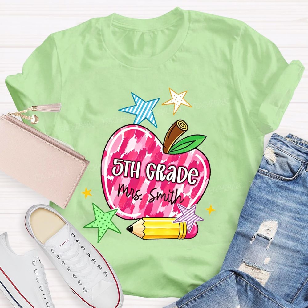 Personalized Name And Grade Watercolor Apple 5th Grade Star Pencil Teacher T-shirt