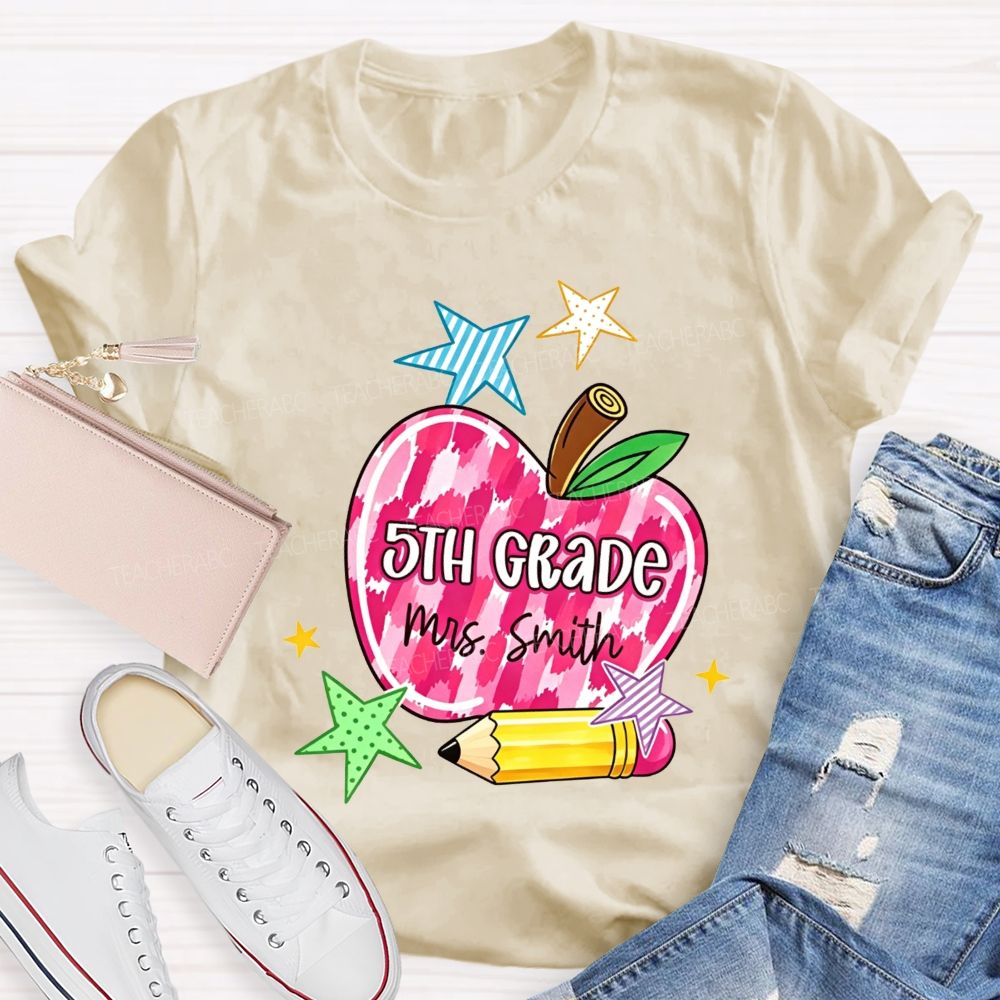 Personalized Name And Grade Watercolor Apple 5th Grade Star Pencil Teacher T-shirt