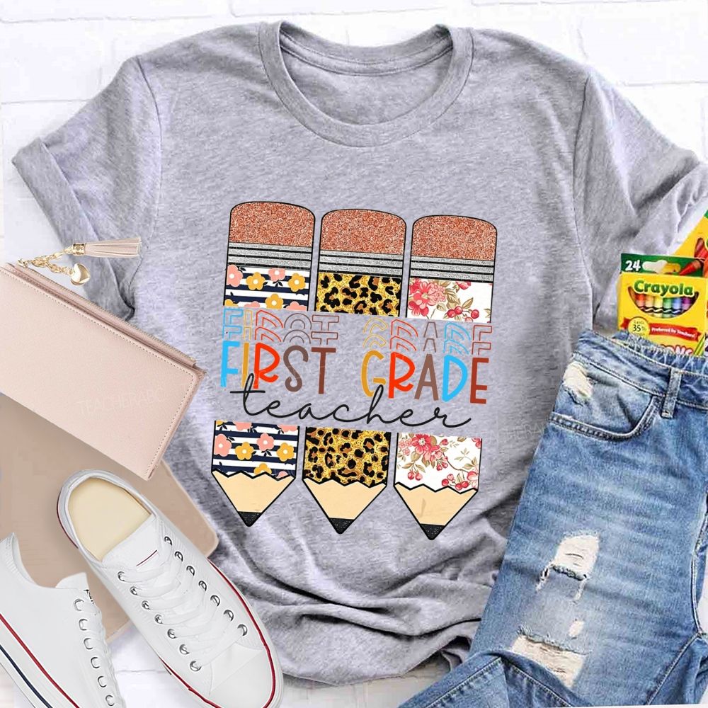 Personalized Grade Floral Leopard Pencils First Grade Teacher T-shirt