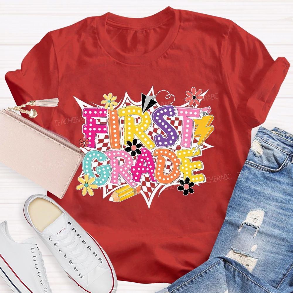 Personalized Grade First Grade Checkerboard Daisy Lightning Pencil Paper Plane Teacher T-shirt