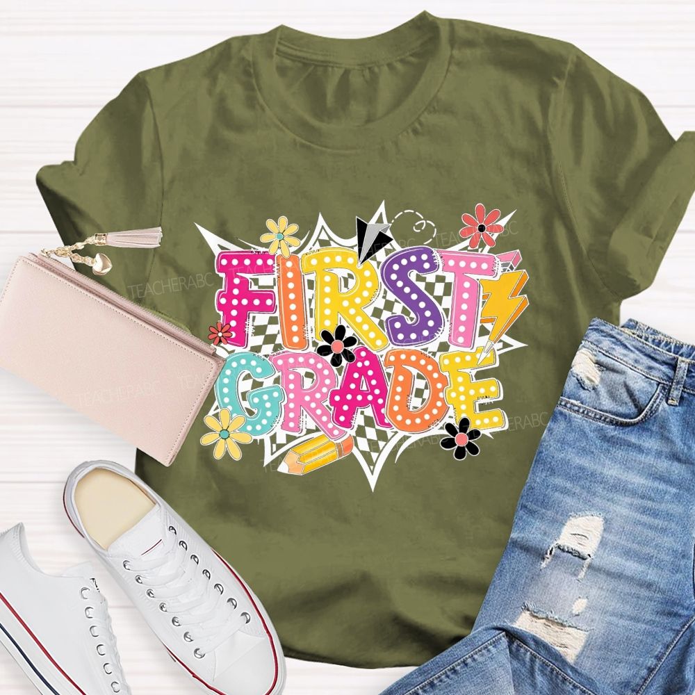 Personalized Grade First Grade Checkerboard Daisy Lightning Pencil Paper Plane Teacher T-shirt