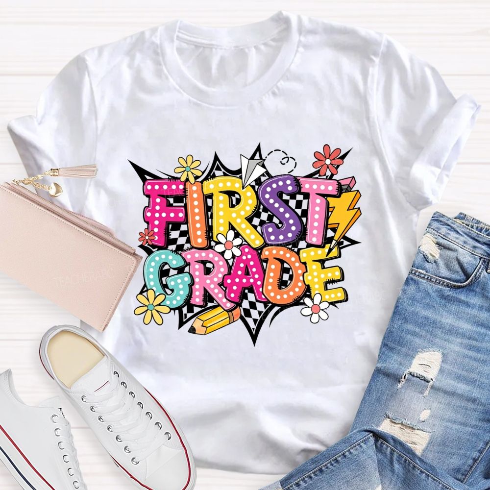 Personalized Grade First Grade Checkerboard Daisy Lightning Pencil Paper Plane Teacher T-shirt