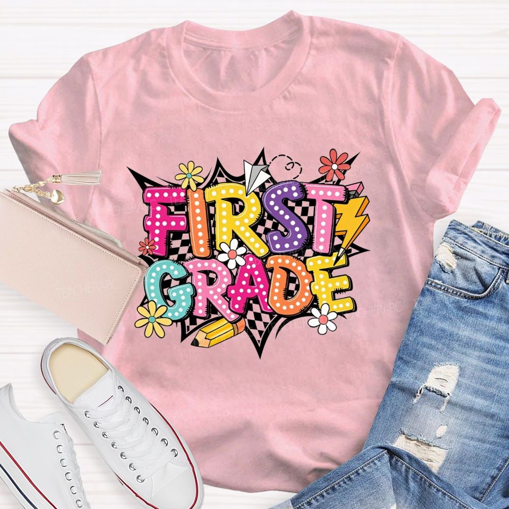 Personalized Grade First Grade Checkerboard Daisy Lightning Pencil Paper Plane Teacher T-shirt