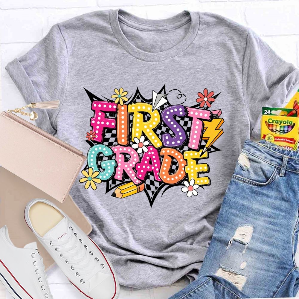 Personalized Grade First Grade Checkerboard Daisy Lightning Pencil Paper Plane Teacher T-shirt