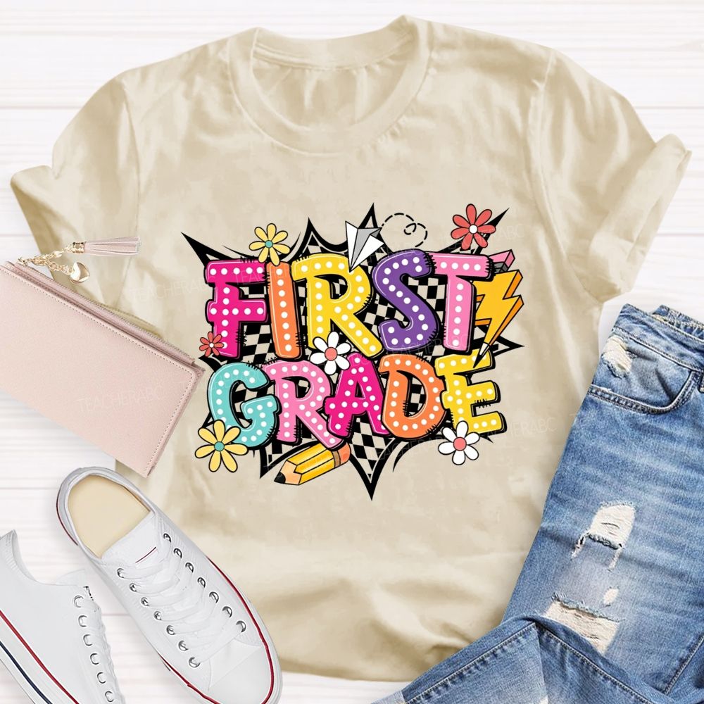 Personalized Grade First Grade Checkerboard Daisy Lightning Pencil Paper Plane Teacher T-shirt