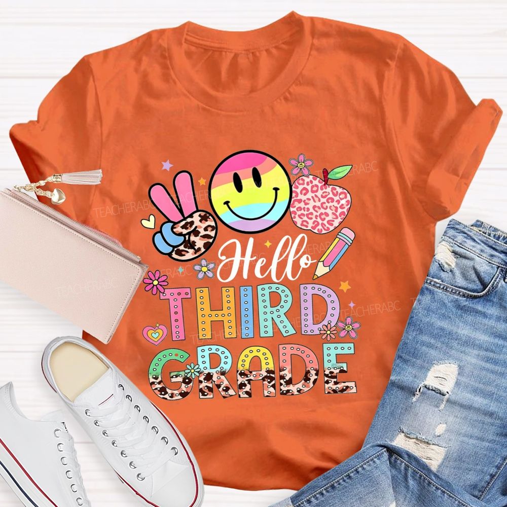 Personalized Grade Hello Third Grade Rainbow Tie Dye Smiley Leopard Teacher T-shirt
