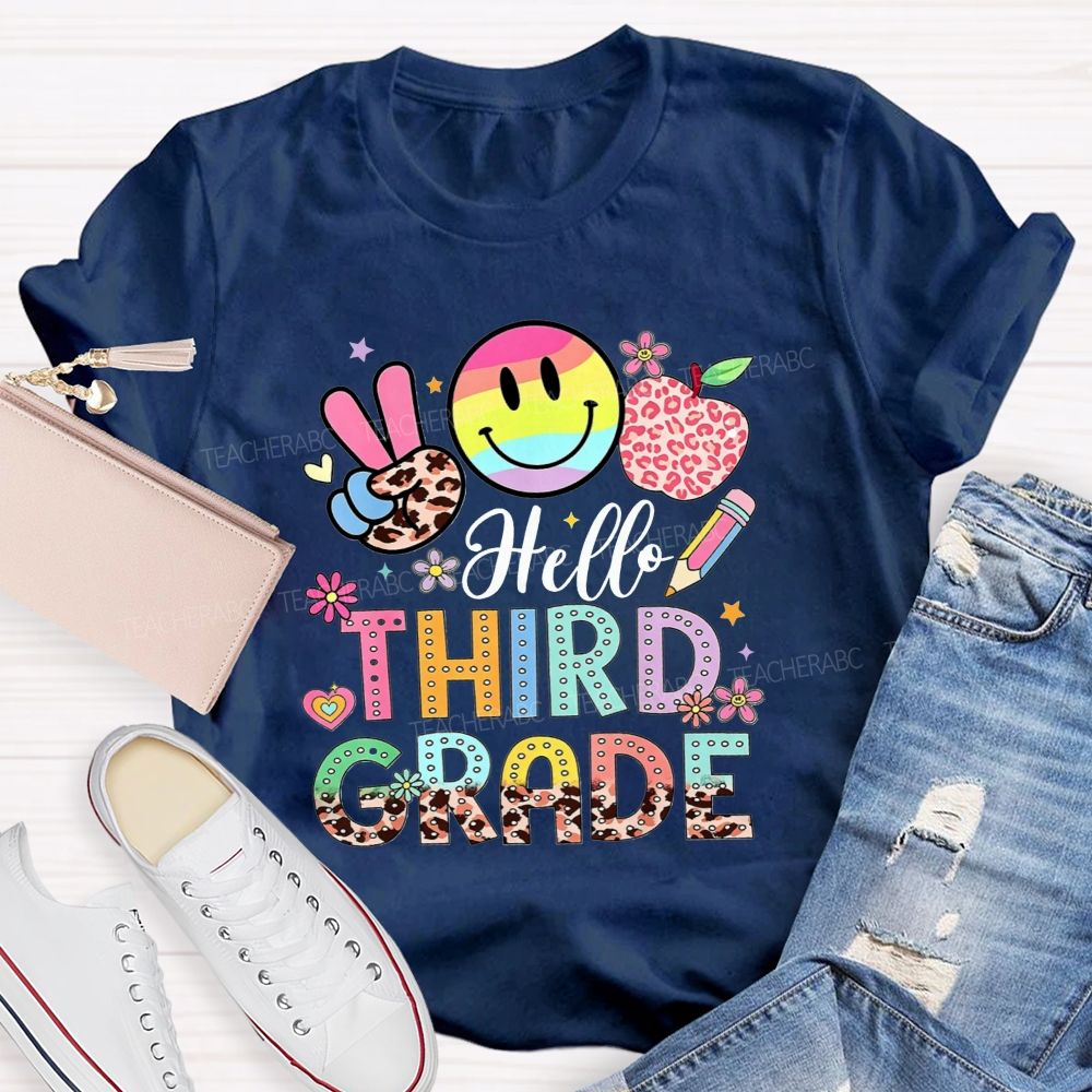 Personalized Grade Hello Third Grade Rainbow Tie Dye Smiley Leopard Teacher T-shirt