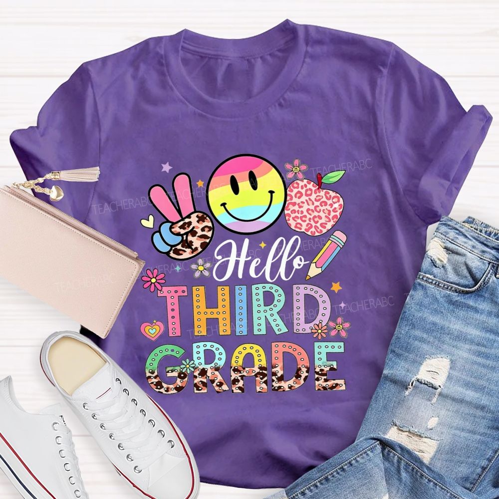 Personalized Grade Hello Third Grade Rainbow Tie Dye Smiley Leopard Teacher T-shirt