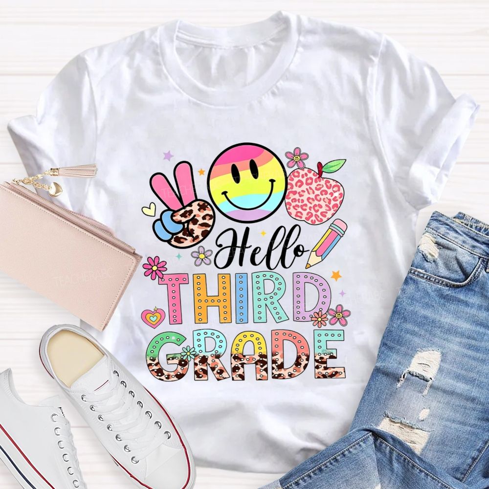 Personalized Grade Hello Third Grade Rainbow Tie Dye Smiley Leopard Teacher T-shirt