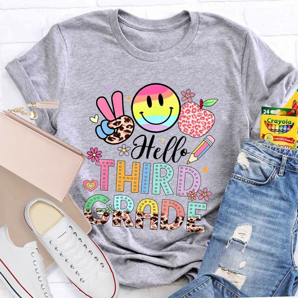 Personalized Grade Hello Third Grade Rainbow Tie Dye Smiley Leopard Teacher T-shirt