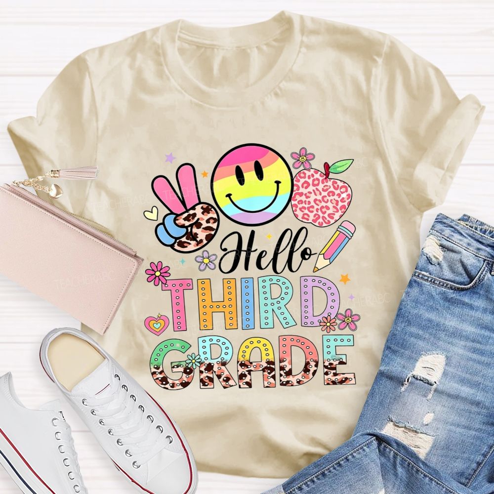 Personalized Grade Hello Third Grade Rainbow Tie Dye Smiley Leopard Teacher T-shirt