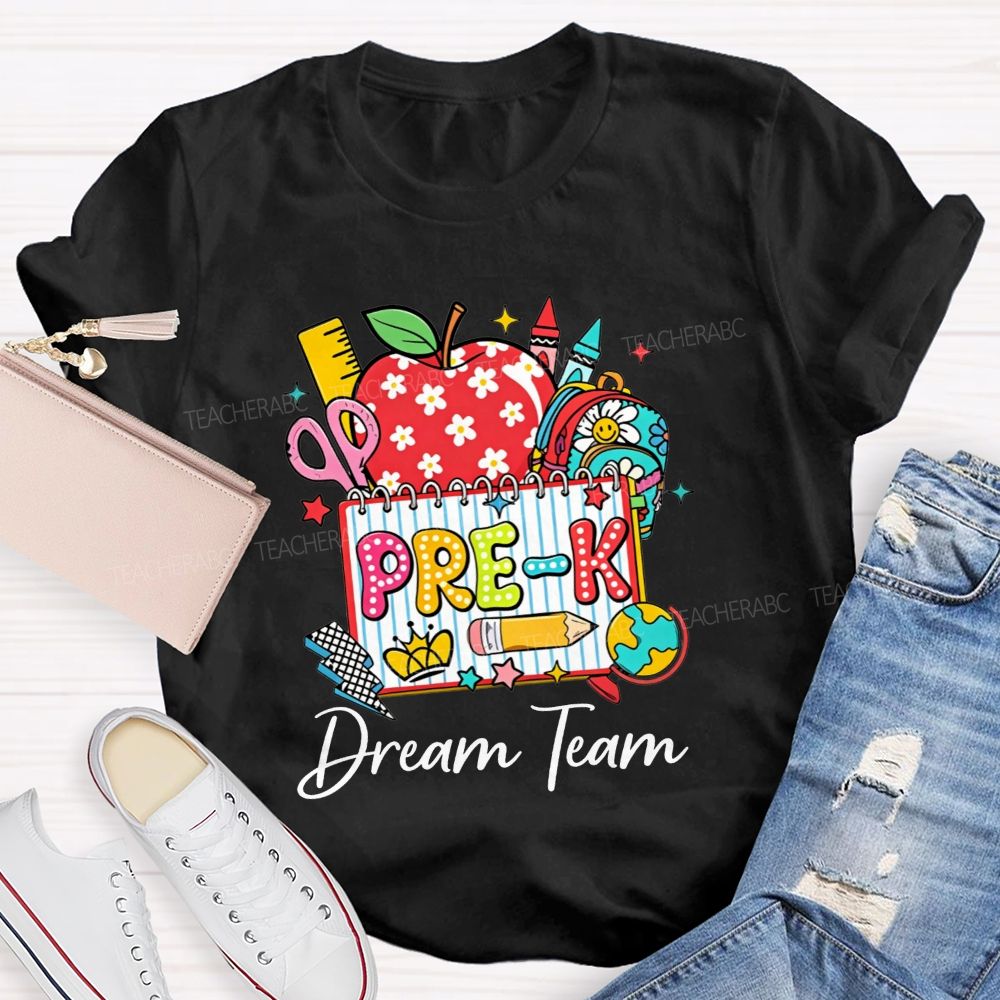 Personalized Grade Pre-K Dream Team Doodle Apple Backpack Crayon Globe Notebook Teacher T-shirt