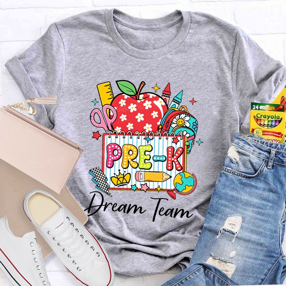 Personalized Grade Pre-K Dream Team Doodle Apple Backpack Crayon Globe Notebook Teacher T-shirt