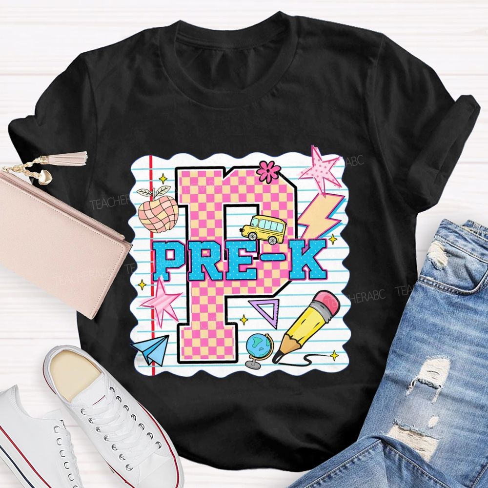 Personalized grade p is for pre k Pink Plaid Letters Teacher T-shirt