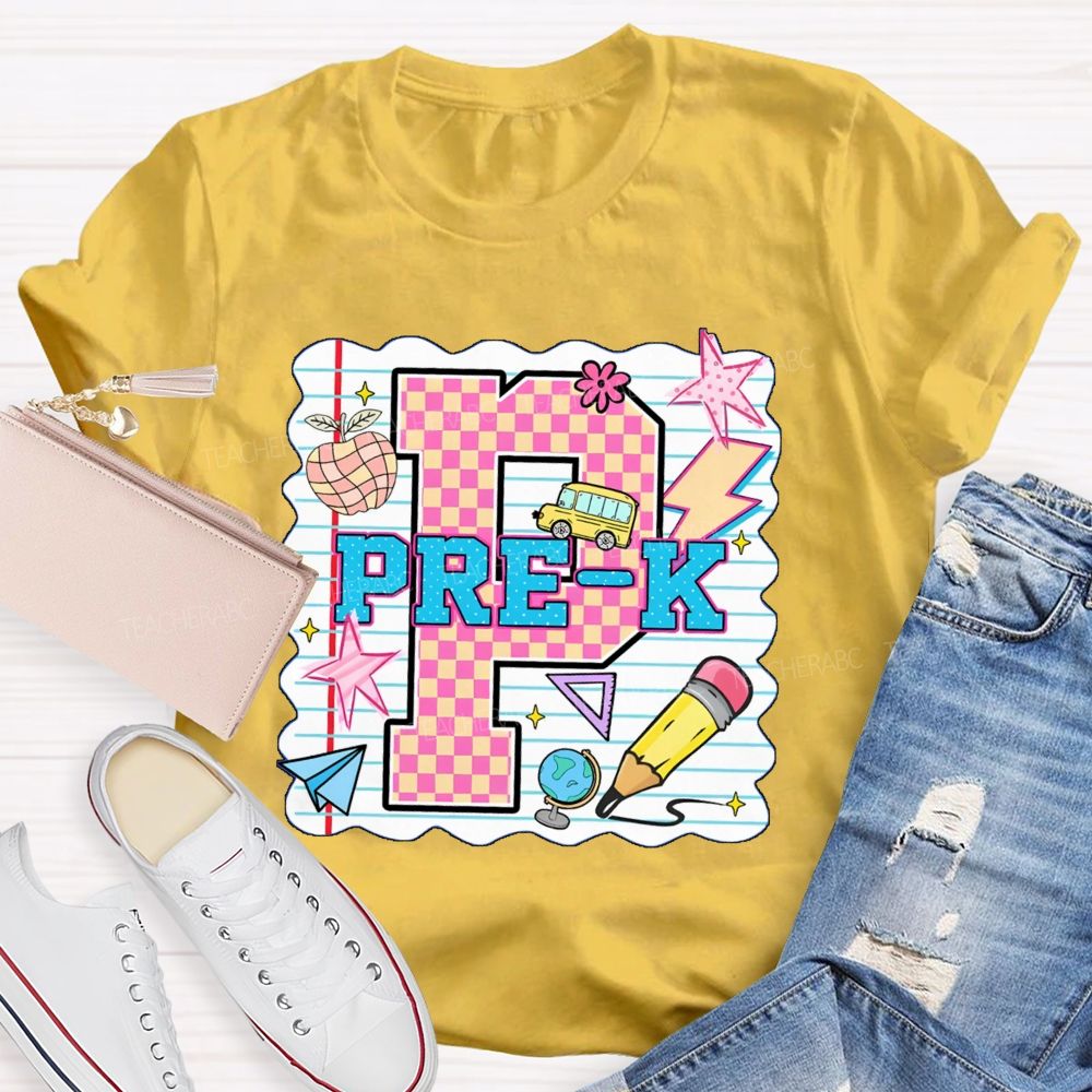 Personalized grade p is for pre k Pink Plaid Letters Teacher T-shirt