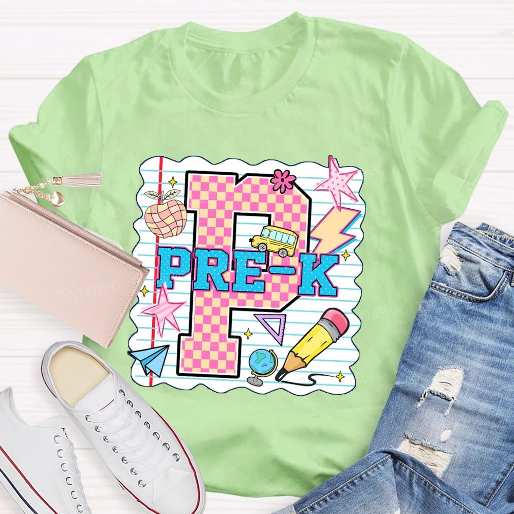 Personalized grade p is for pre k Pink Plaid Letters Teacher T-shirt