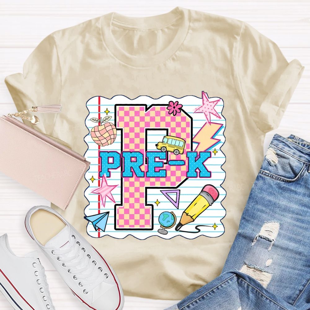 Personalized grade p is for pre k Pink Plaid Letters Teacher T-shirt