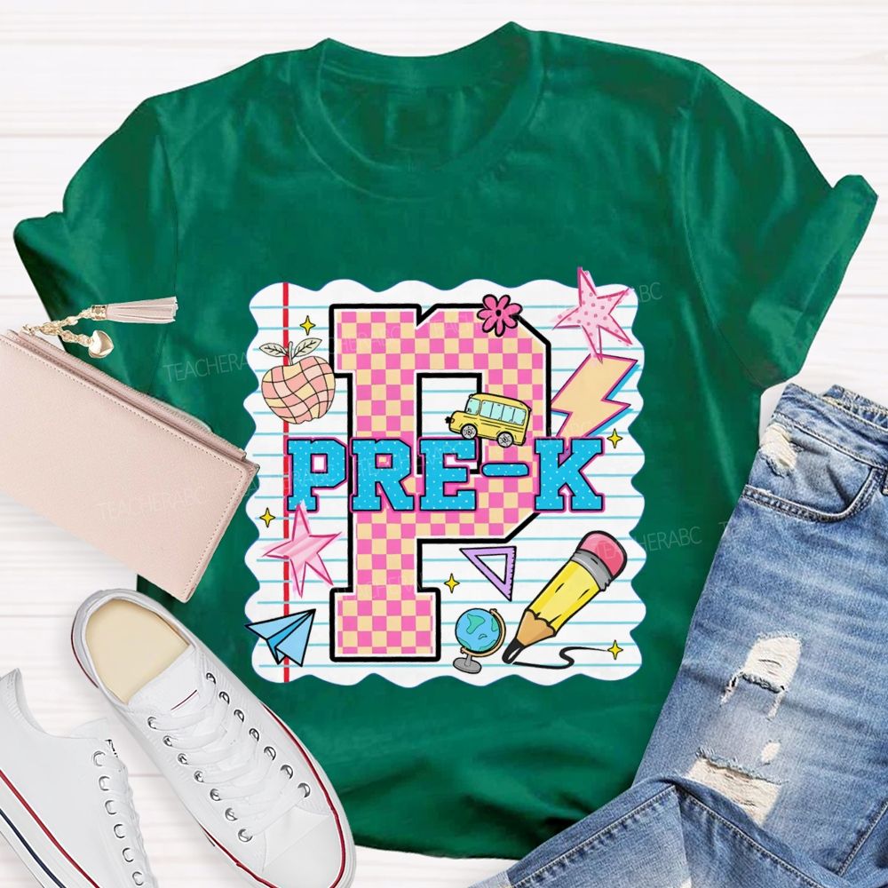 Personalized grade p is for pre k Pink Plaid Letters Teacher T-shirt