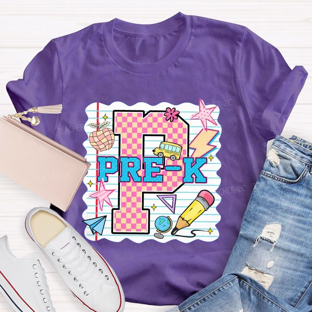 Personalized grade p is for pre k Pink Plaid Letters Teacher T-shirt