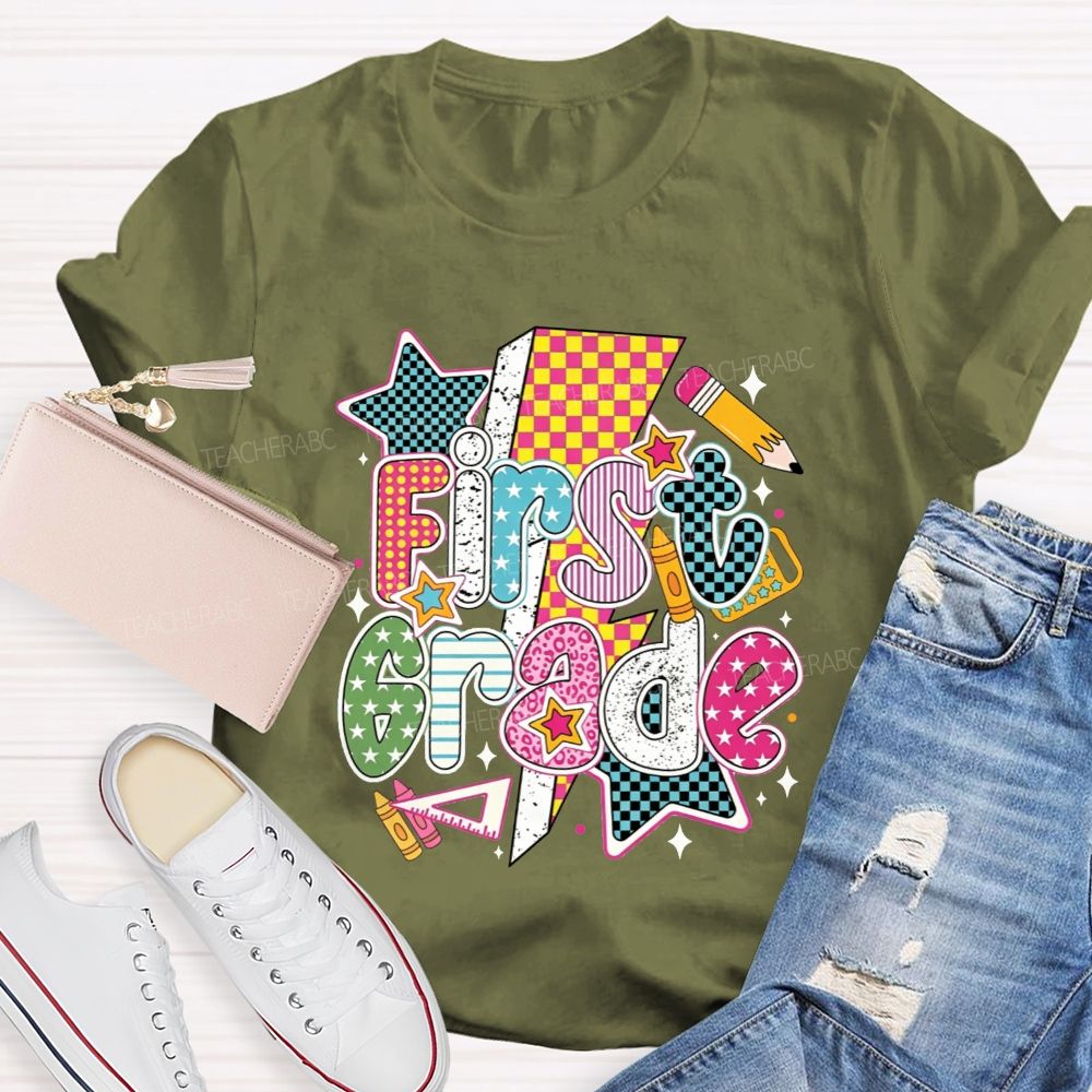 Personalized Grade Colorful Groovy First Grade Teacher T-shirt