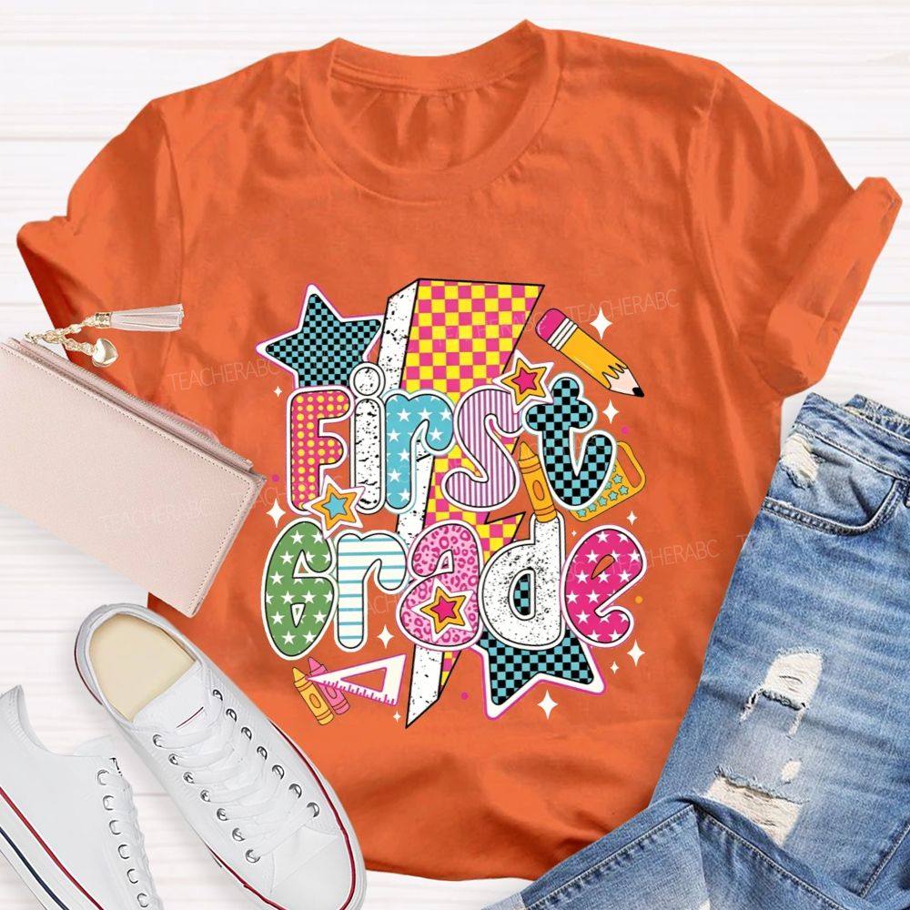 Personalized Grade Colorful Groovy First Grade Teacher T-shirt