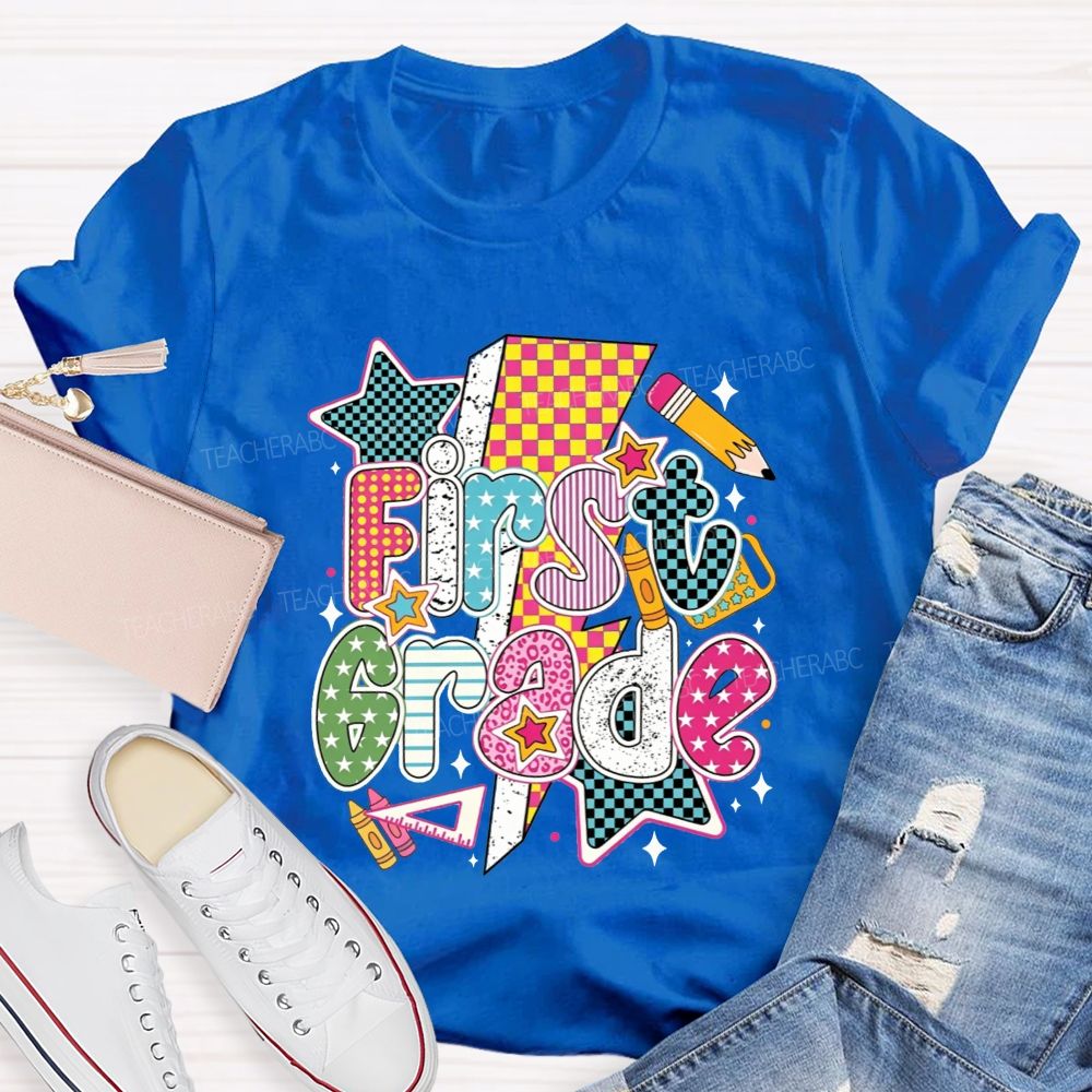 Personalized Grade Colorful Groovy First Grade Teacher T-shirt