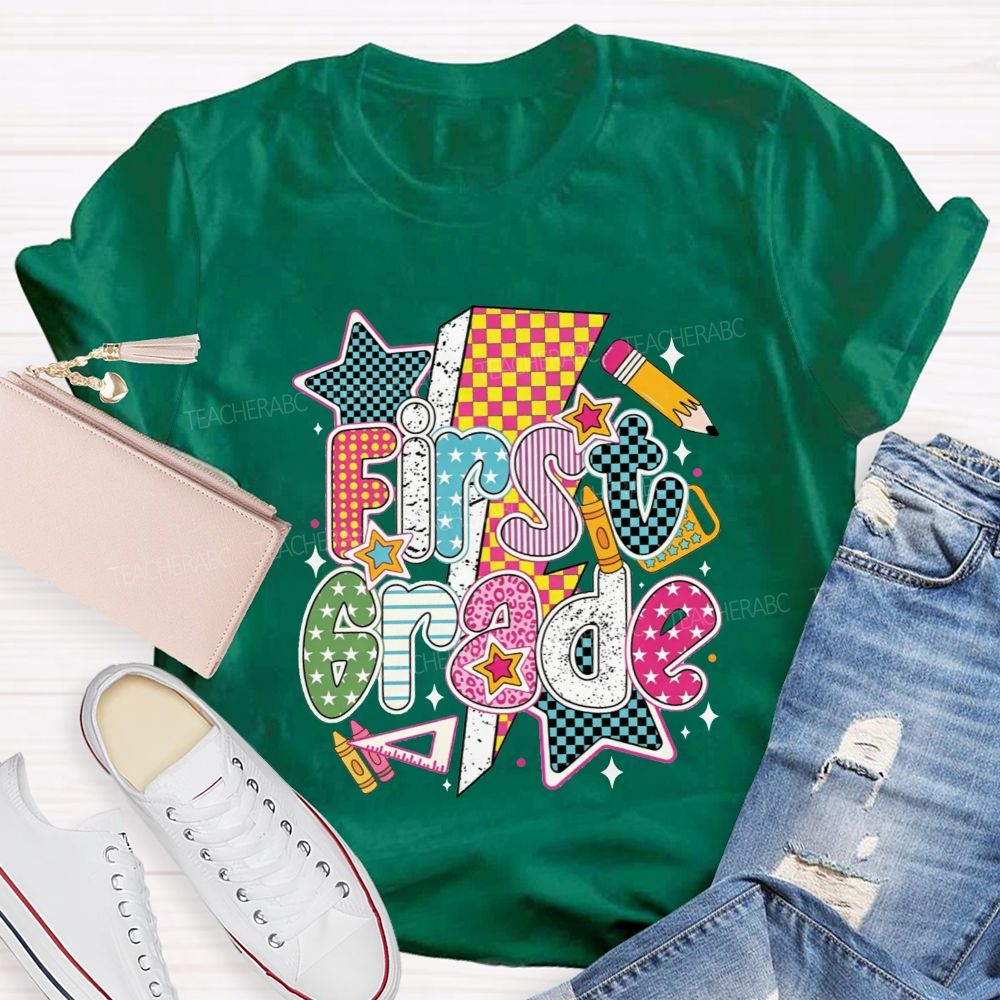 Personalized Grade Colorful Groovy First Grade Teacher T-shirt
