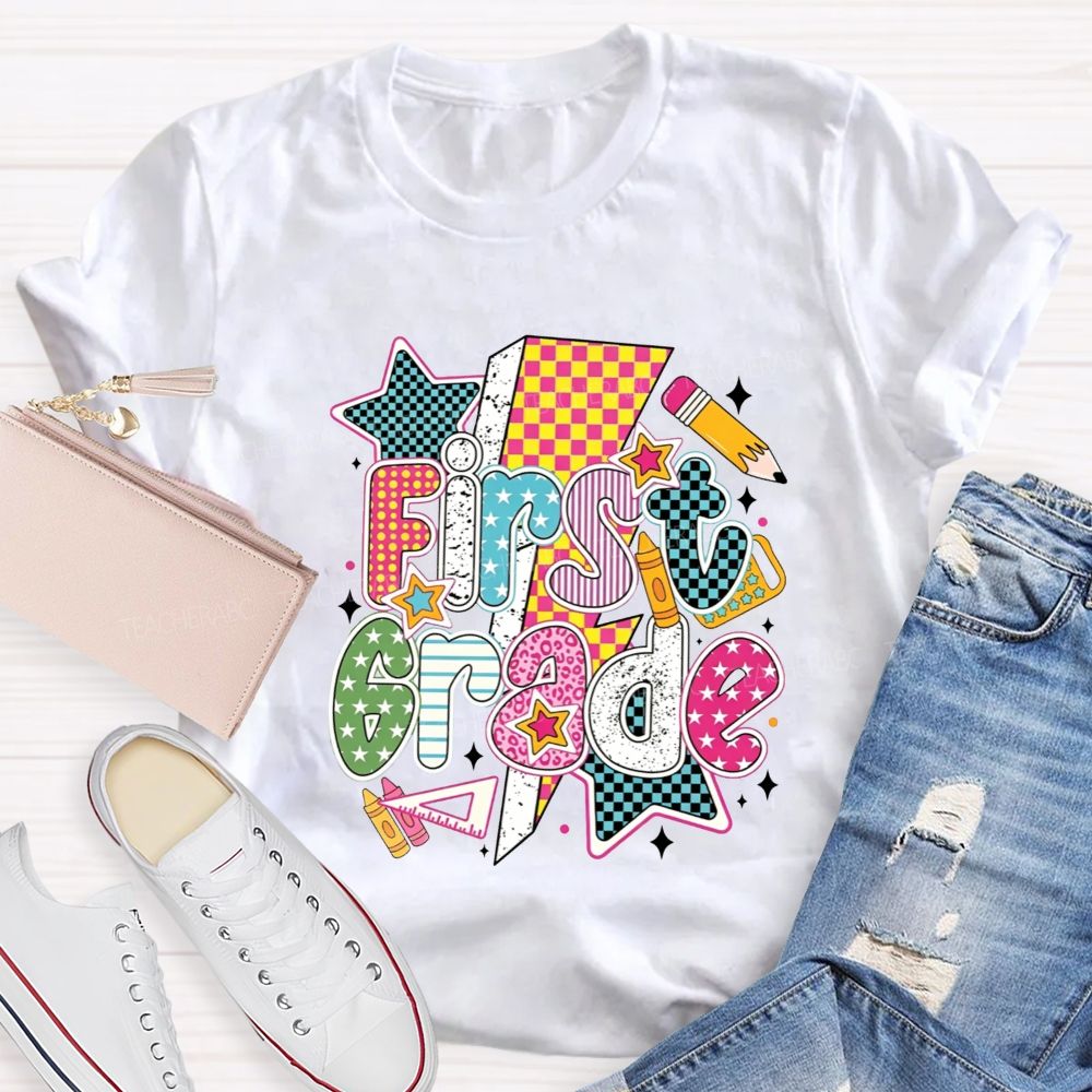 Personalized Grade Colorful Groovy First Grade Teacher T-shirt