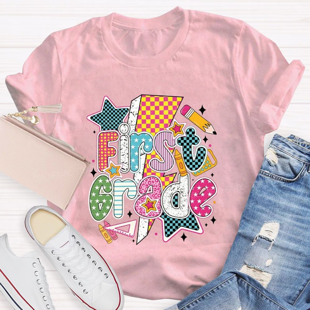 Personalized Grade Colorful Groovy First Grade Teacher T-shirt
