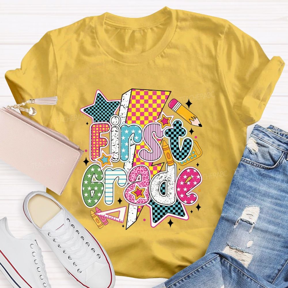 Personalized Grade Colorful Groovy First Grade Teacher T-shirt
