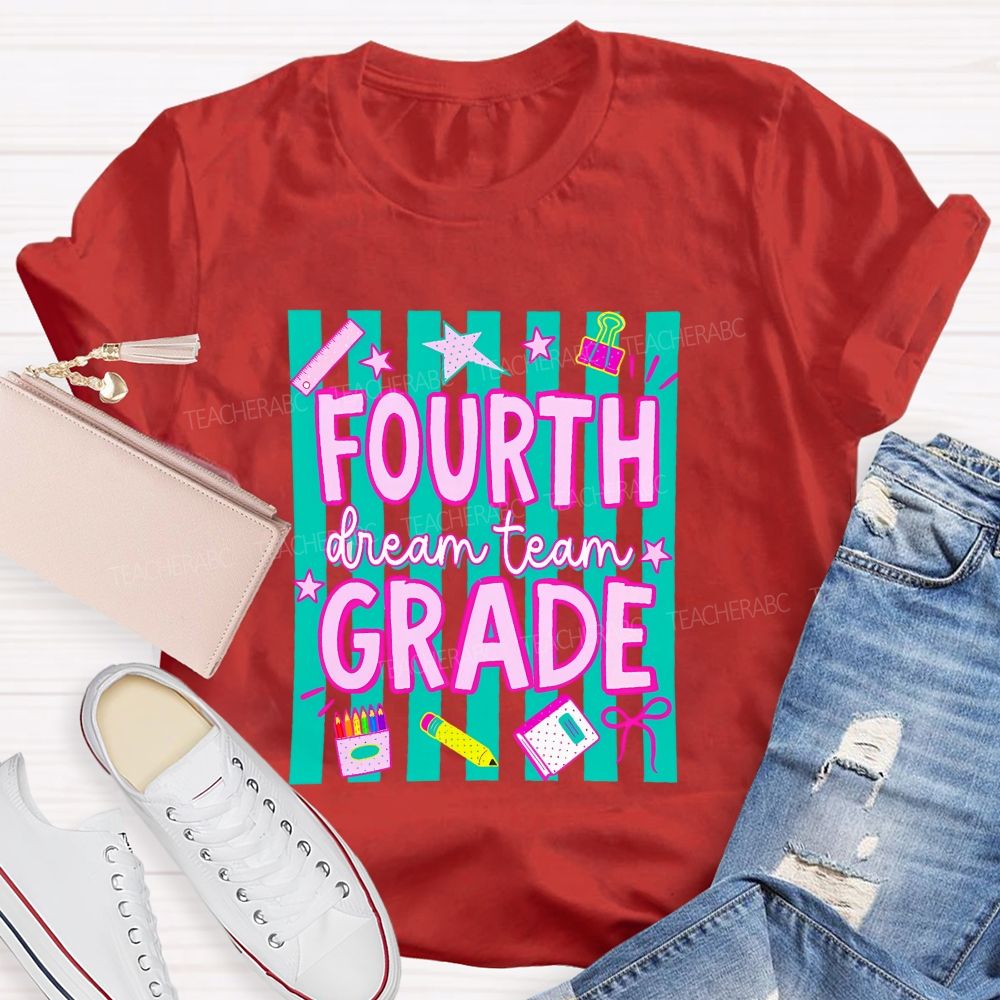 Personalized Grade Fourth Grade Dream Team Stripes Pencil Crayon Teacher T-shirt