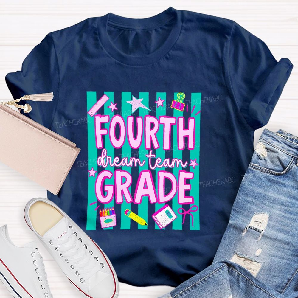Personalized Grade Fourth Grade Dream Team Stripes Pencil Crayon Teacher T-shirt