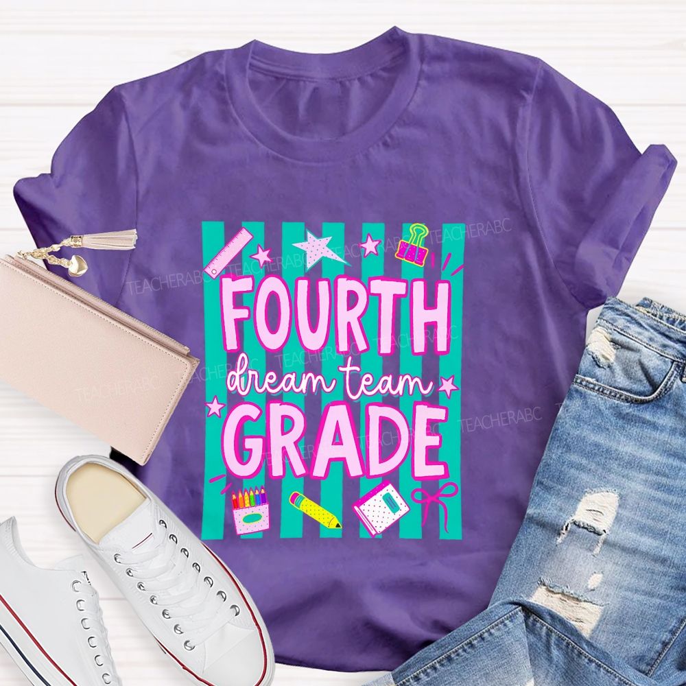 Personalized Grade Fourth Grade Dream Team Stripes Pencil Crayon Teacher T-shirt