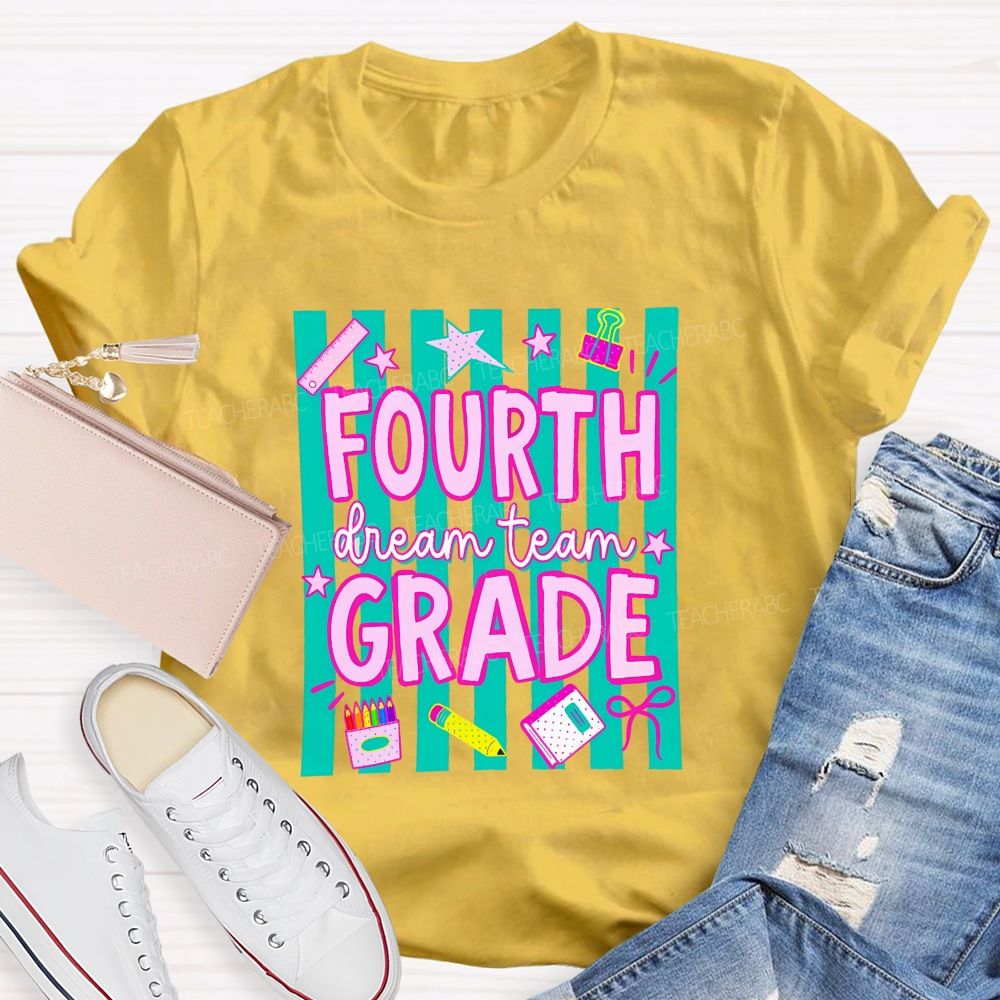 Personalized Grade Fourth Grade Dream Team Stripes Pencil Crayon Teacher T-shirt