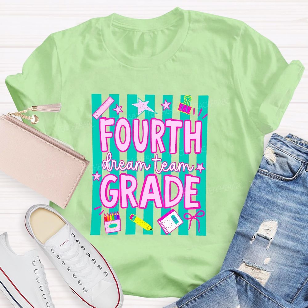 Personalized Grade Fourth Grade Dream Team Stripes Pencil Crayon Teacher T-shirt