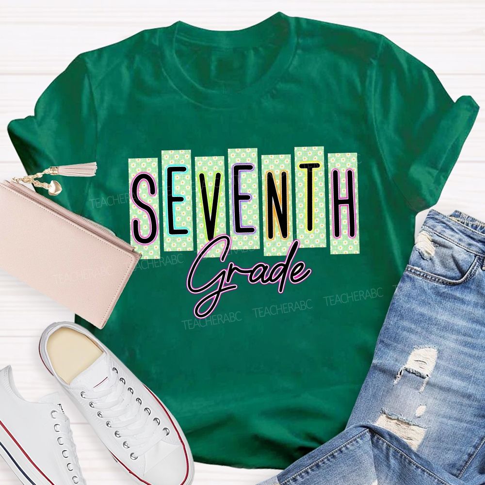 Personalized Grade Seventh Grade Daisy Floral Striped Letter Teacher T-shirt