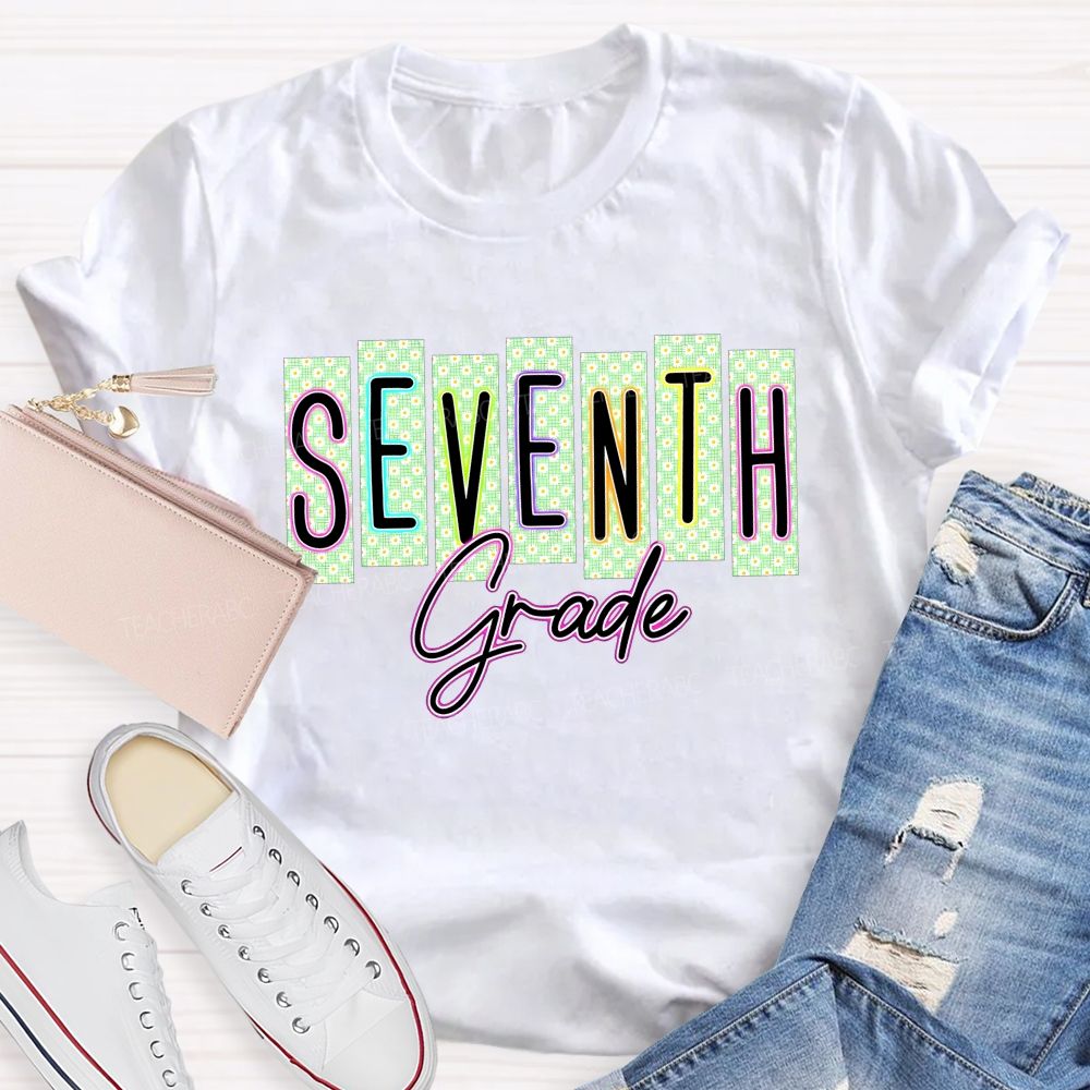 Personalized Grade Seventh Grade Daisy Floral Striped Letter Teacher T-shirt