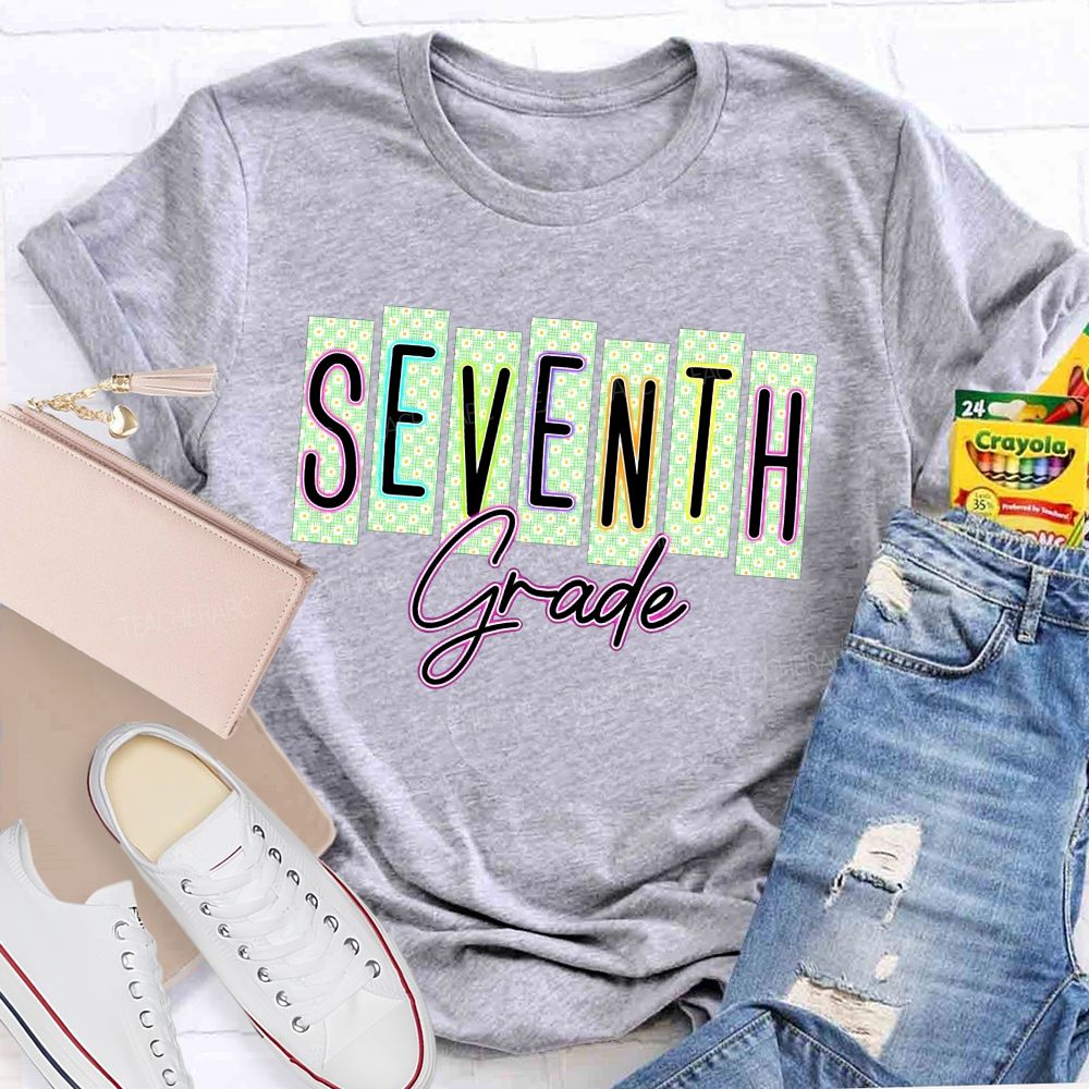 Personalized Grade Seventh Grade Daisy Floral Striped Letter Teacher T-shirt