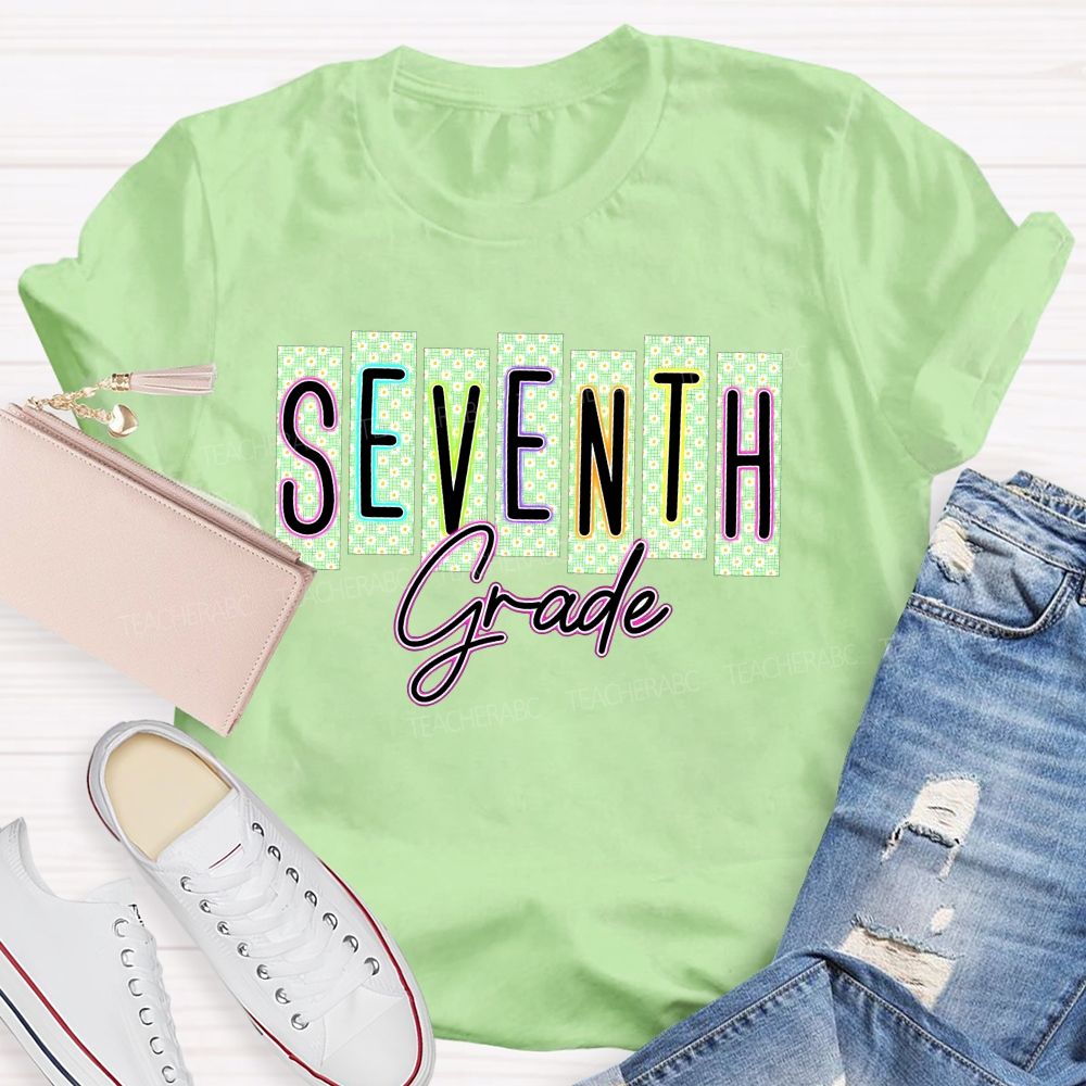 Personalized Grade Seventh Grade Daisy Floral Striped Letter Teacher T-shirt