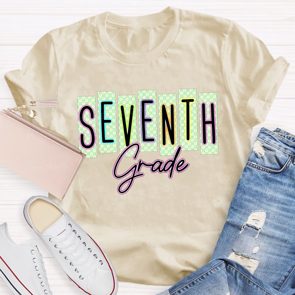 Personalized Grade Seventh Grade Daisy Floral Striped Letter Teacher T-shirt