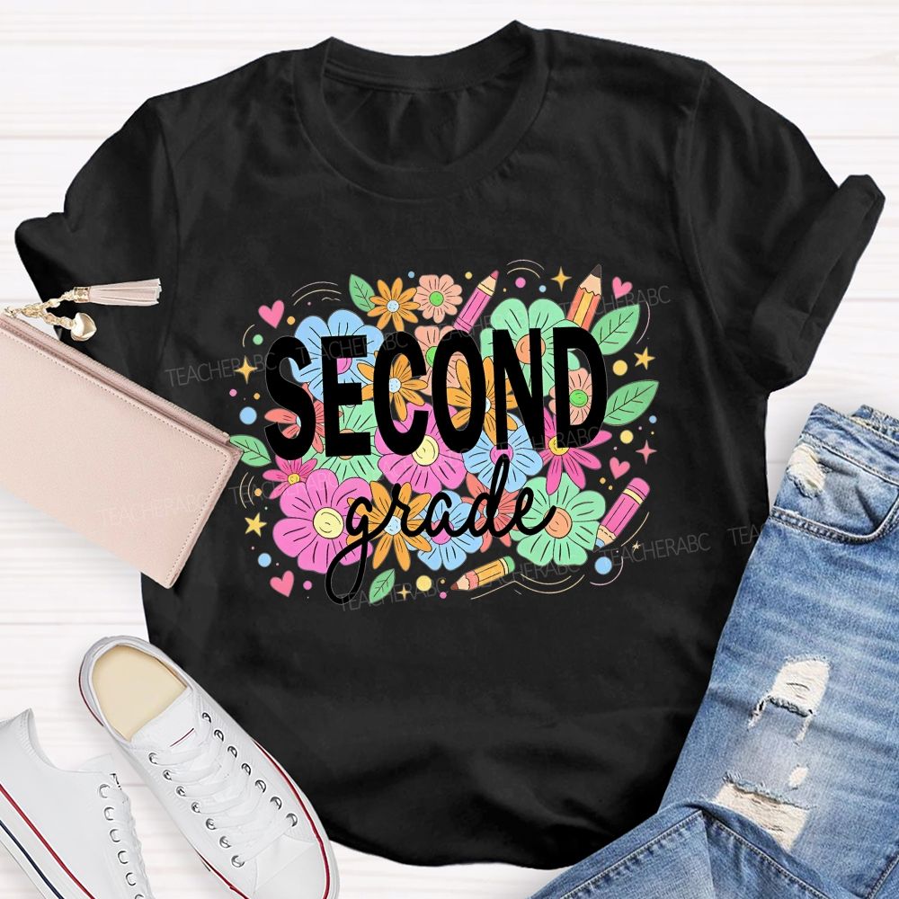 Personalized Grade Second Grade Wildflower Pencil Elementary Teacher T-shirt