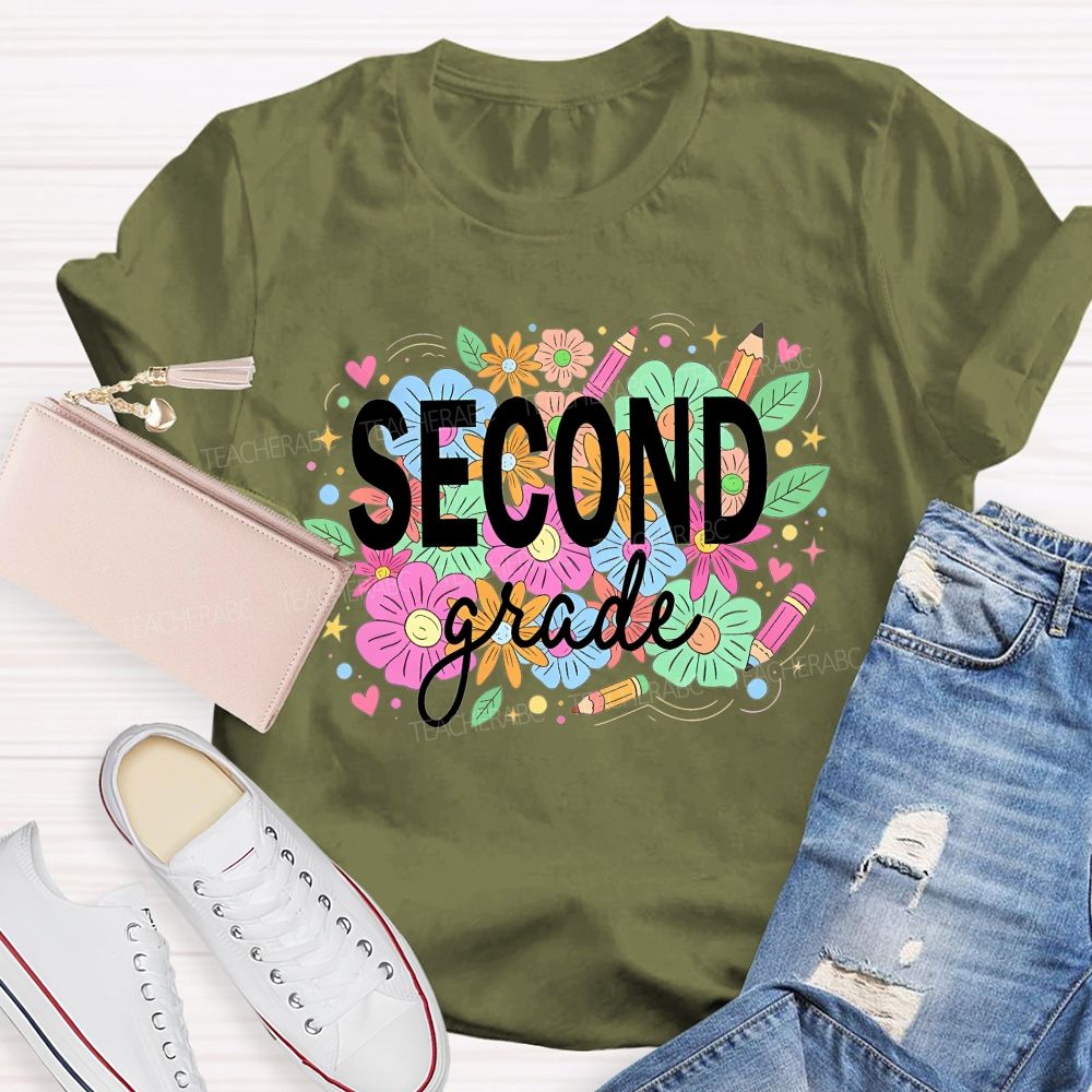 Personalized Grade Second Grade Wildflower Pencil Elementary Teacher T-shirt
