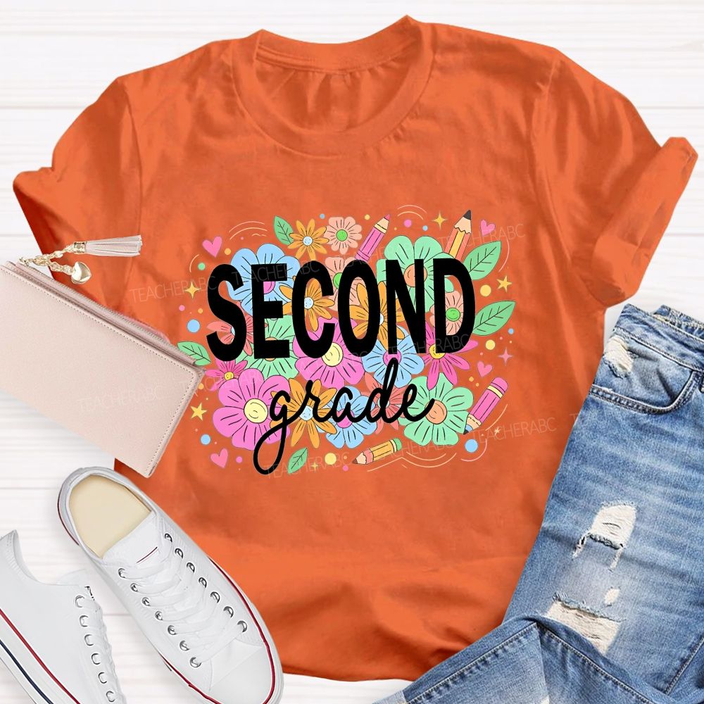 Personalized Grade Second Grade Wildflower Pencil Elementary Teacher T-shirt