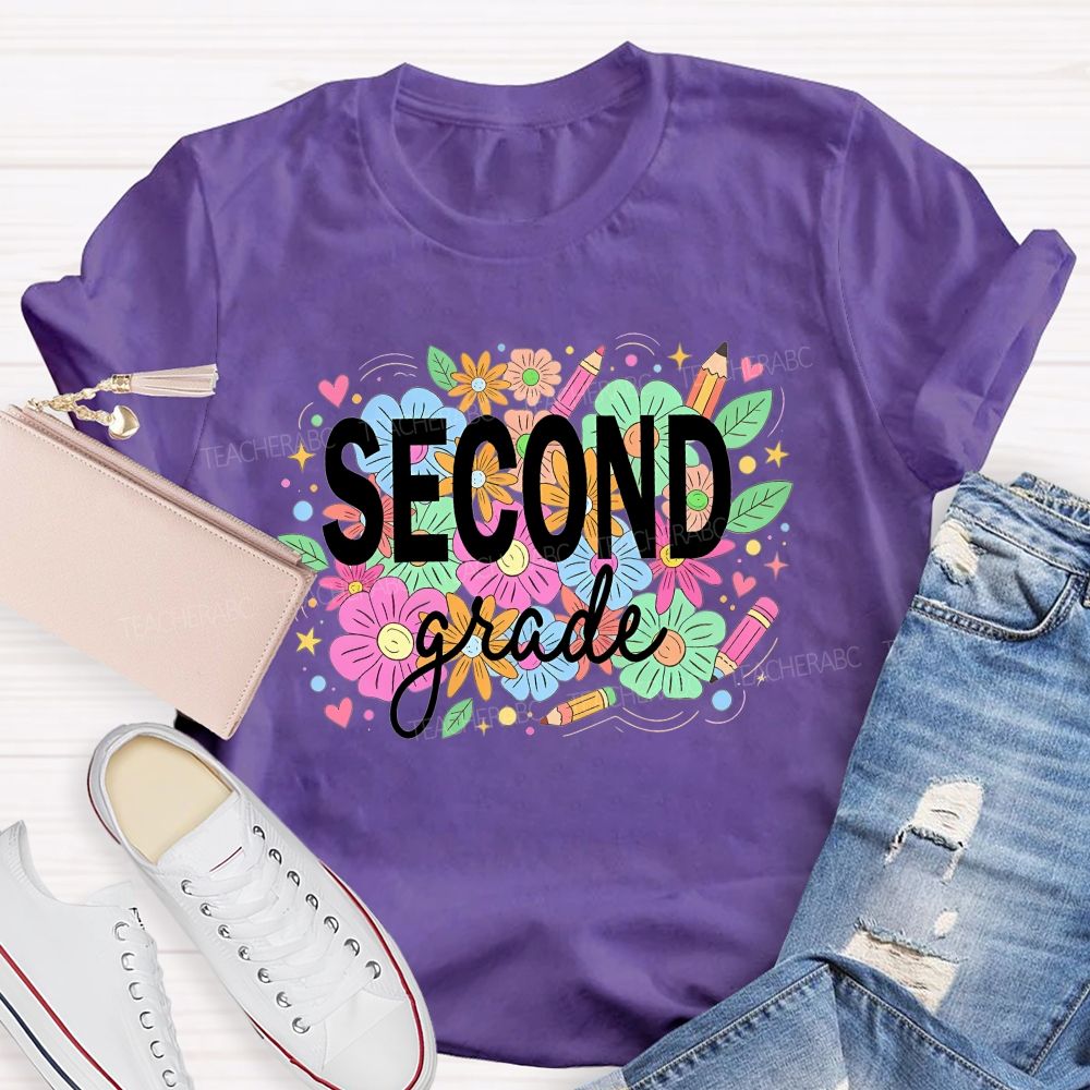 Personalized Grade Second Grade Wildflower Pencil Elementary Teacher T-shirt