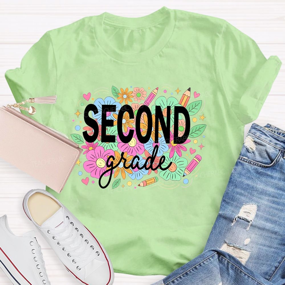 Personalized Grade Second Grade Wildflower Pencil Elementary Teacher T-shirt