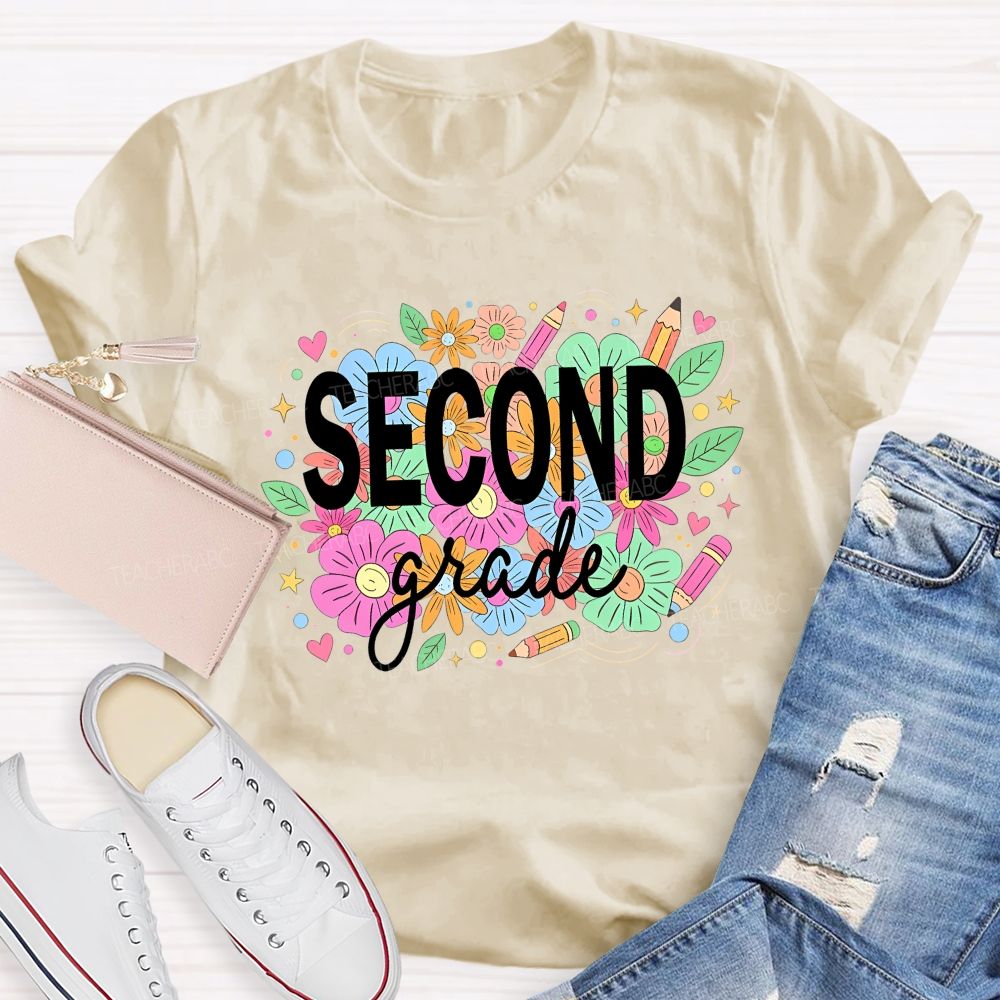 Personalized Grade Second Grade Wildflower Pencil Elementary Teacher T-shirt