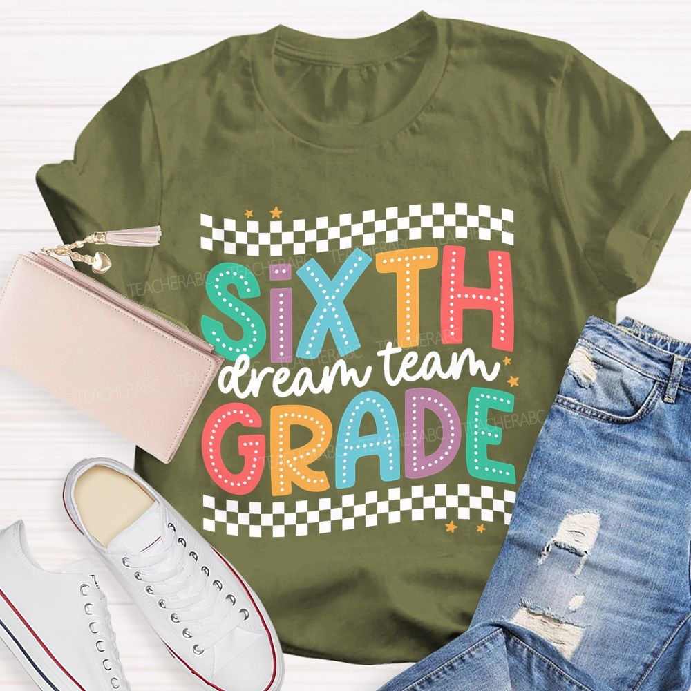 Personalized Grade Sixth Grade Dream Team Checkered Border Star Teacher T-shirt
