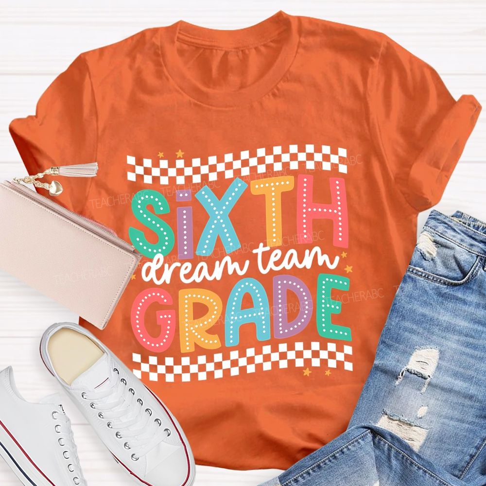 Personalized Grade Sixth Grade Dream Team Checkered Border Star Teacher T-shirt