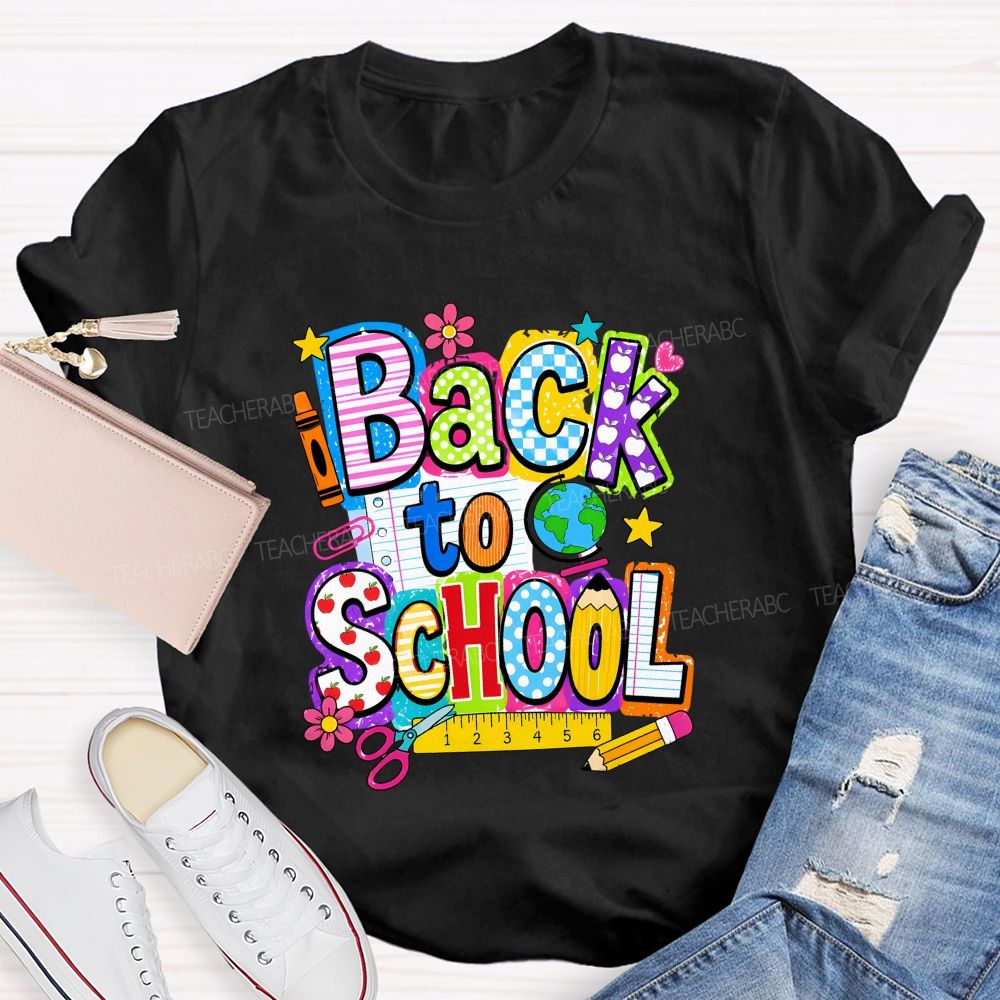 Back To School Mixed Pattern Letter Crayon Globe Teacher T-shirt